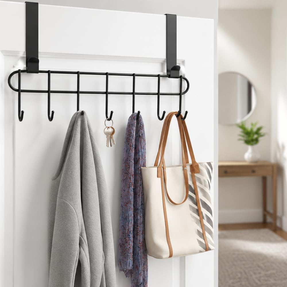 Konquer TimeS Heavy Duty Stainless Steel Over The Door Hook Hanger Organizer/Wall Hook Rack, No Drilling Required (Black)-image-24