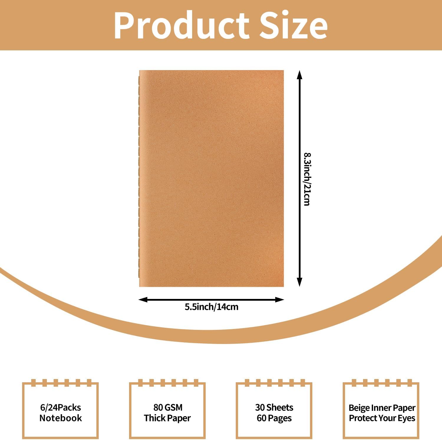 ALKALO 6 Pack A5 Ruled Lined Kraft Notebooks Bulk, Journaling Notebooks, A5 Lined College Ruled Notebook, 8.3x5.5 Inches 60 Pages Travel Journal Notebooks Set for Work, School, Writing
