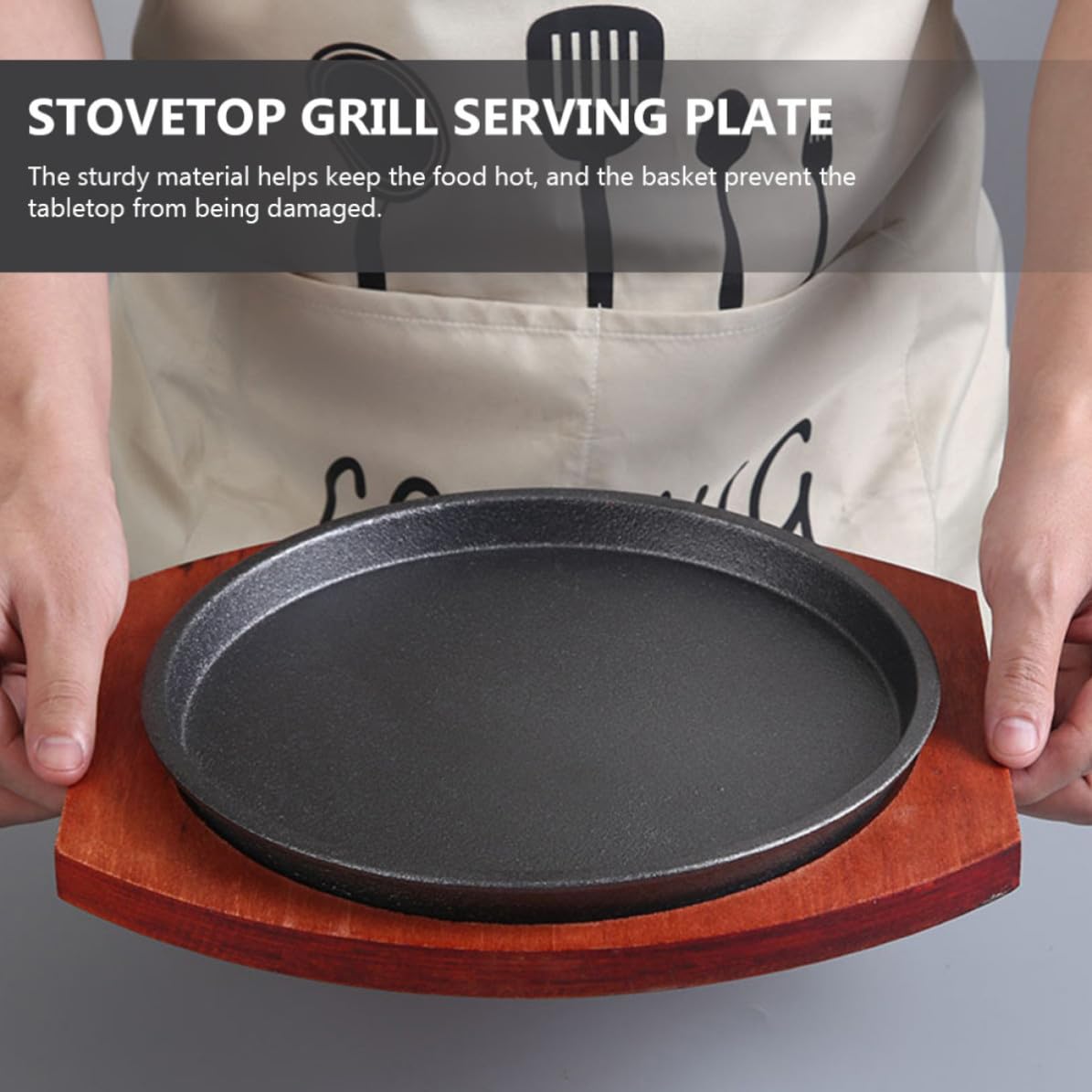 Assiette à Steak en Fer Épais Ronde 1 Set avec Base en Bois | Plat de Service Usage Maison Couleur Aléatoire Conserve la Chaleur Finition Antiadhésive pour Restaurant