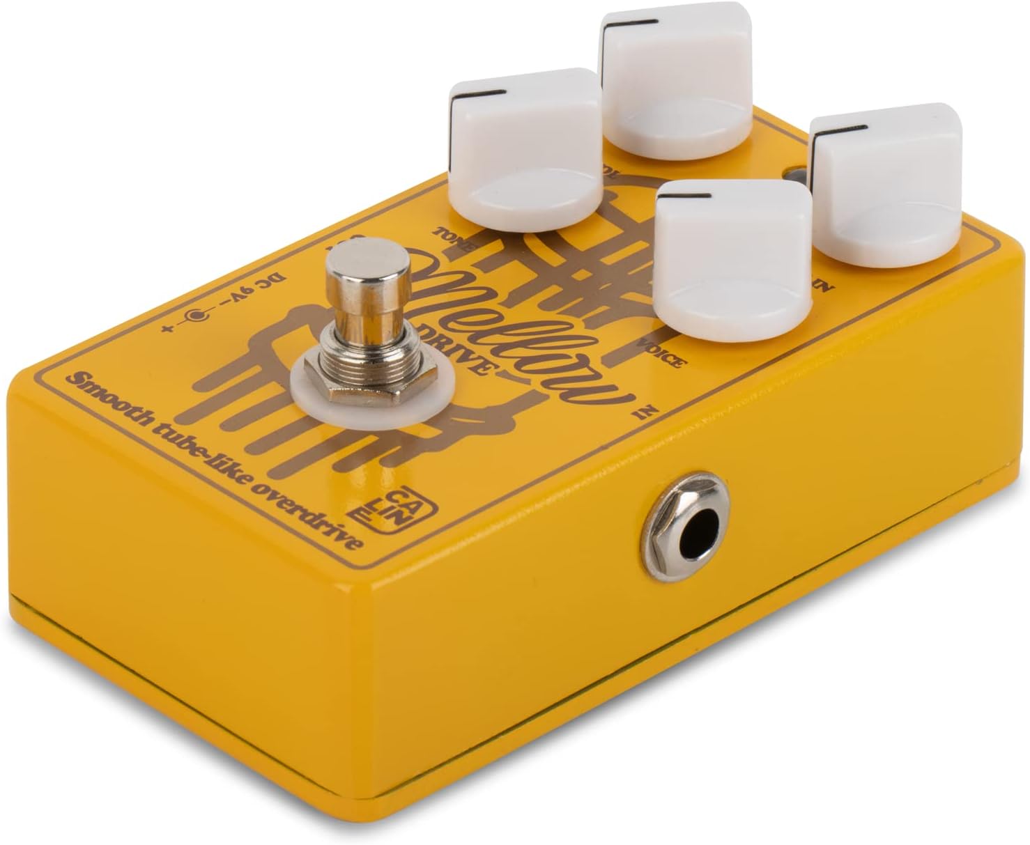 Caline CP-502 Mellow Drive Pedal with four control knobs: Volume, Gain, Tone, and Voice.