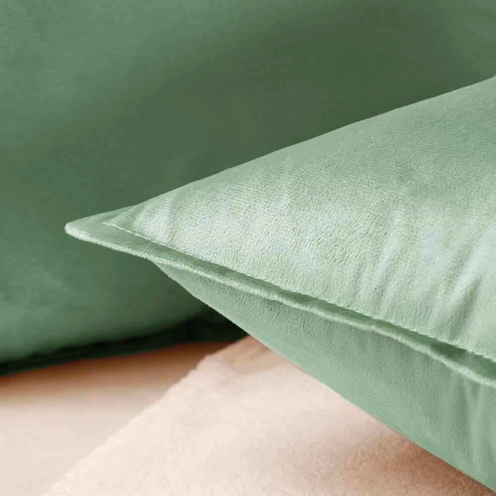 VAKADO Throw Pillow Covers 18x18 Set of 2 Sage Green Velvet Decor Decorative Couch Cushion Euro with Fringe Pillowcases Home Bed Decoration for Sofa Bedroom Office Indoor - Image 2