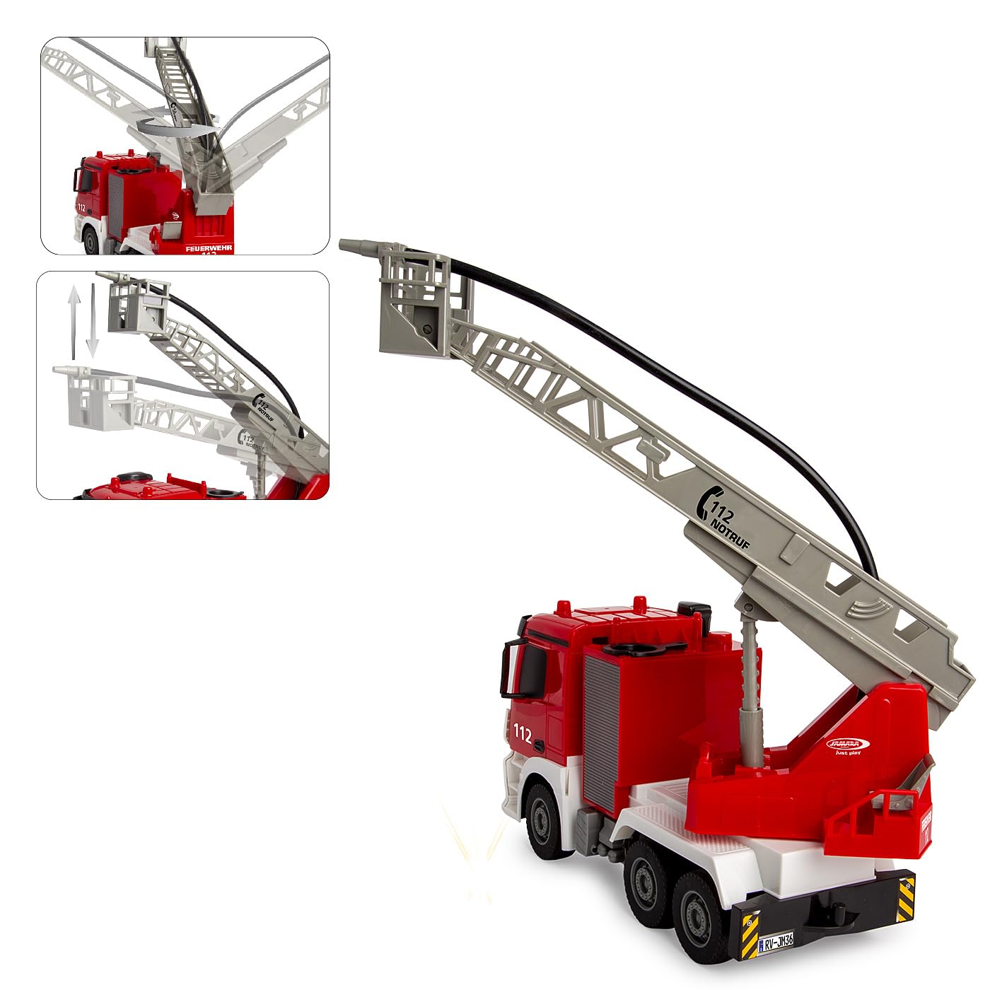 JAMARA 407300 drabina obrotowa Mercedes-Benz Antos 1:26 2,4 GHz – z funkcją natryskiwania, zabawka strażacka od 6 lat, zdalnie sterowana, zabawki RC, prezent, obrót wieży