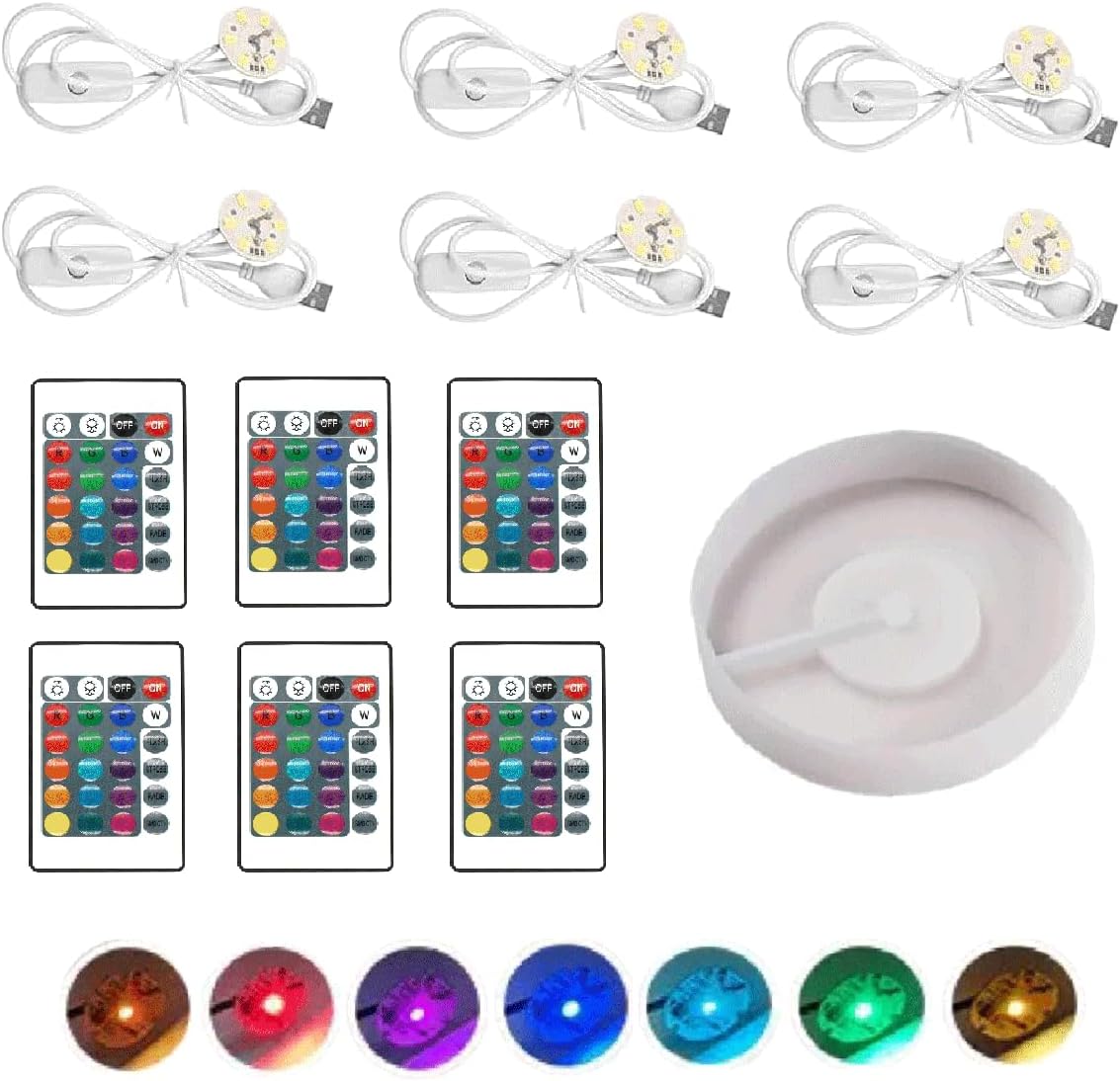 Round Display Base Silicone Mold, 6Pcs Led Lights with Remotes for Lamp Resin Molds,USB Powered for Lamp Resin Molds DIY Luminous Epoxy Casting Craft Desktop Ornaments (6pack-White)