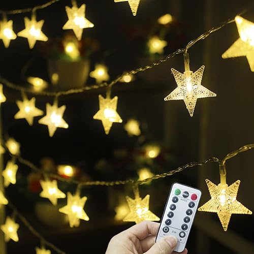 Guirnalda de luces de estrellas de 50 LED de 25 pies, impermeables, 8 modos de luces de hadas de estrellas, funciona con pilas, con control remoto