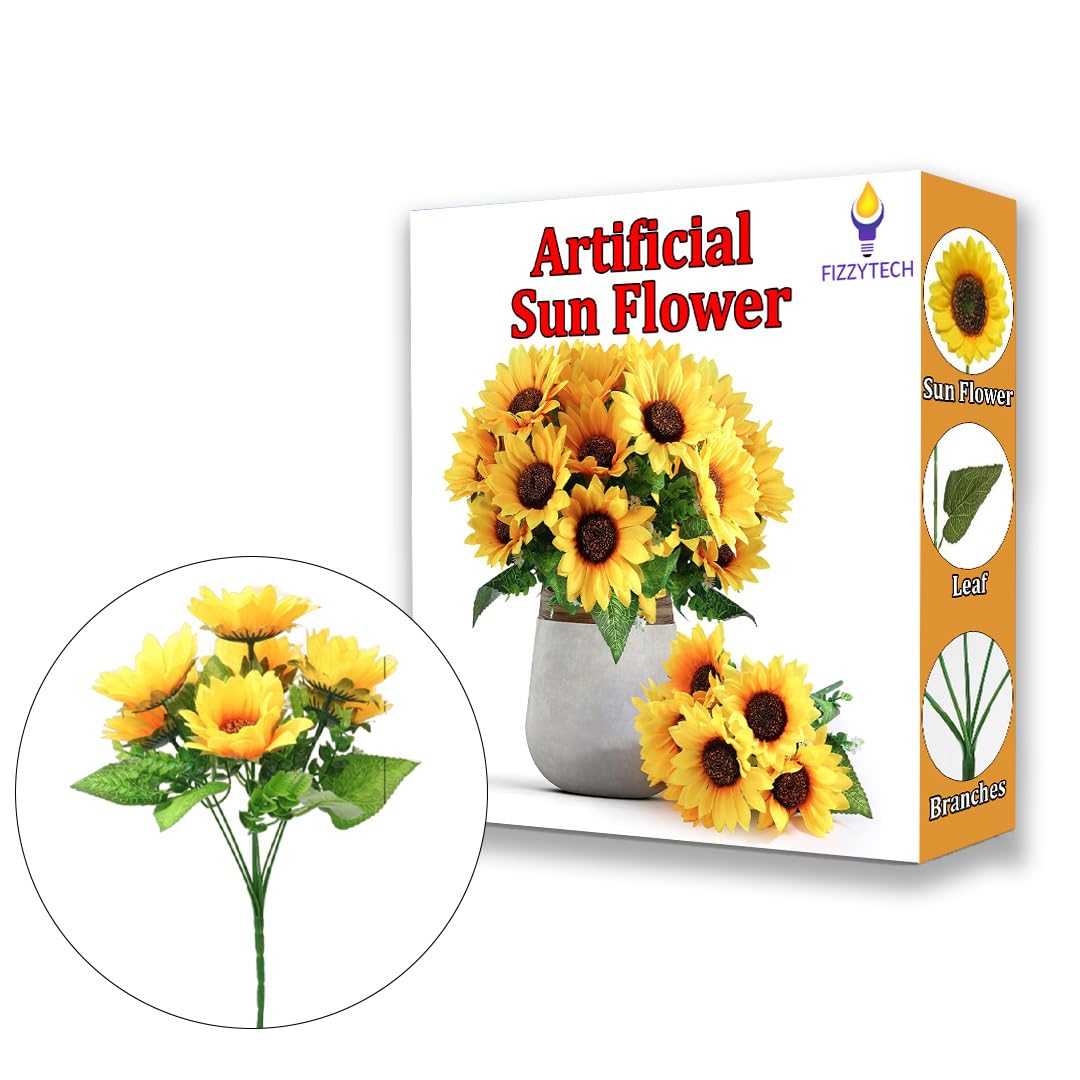 fizzytech Artificial Sunflower Bunch Polyester 7 Flower Heads | Natural Looking | Attractive Ornamental Flowers for Home Decor/Office Decor/Gifting (Pack of 1)