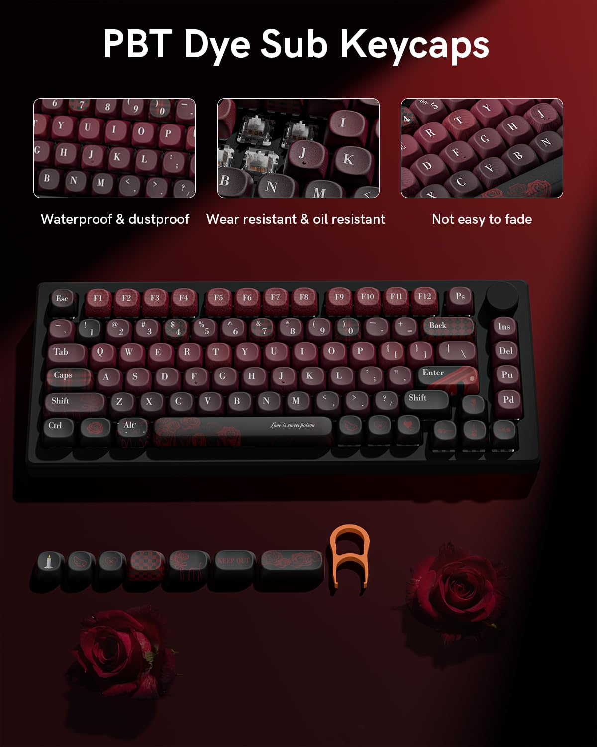 Womier キーキャップ 赤いバラ MOAプロファイル PBT キーキャップセット 131キー | 染料昇華印刷, 60%/65%/75%対応, TKL・フルサイズ対応, メカニカルキーボード用, カスタムデザイン
