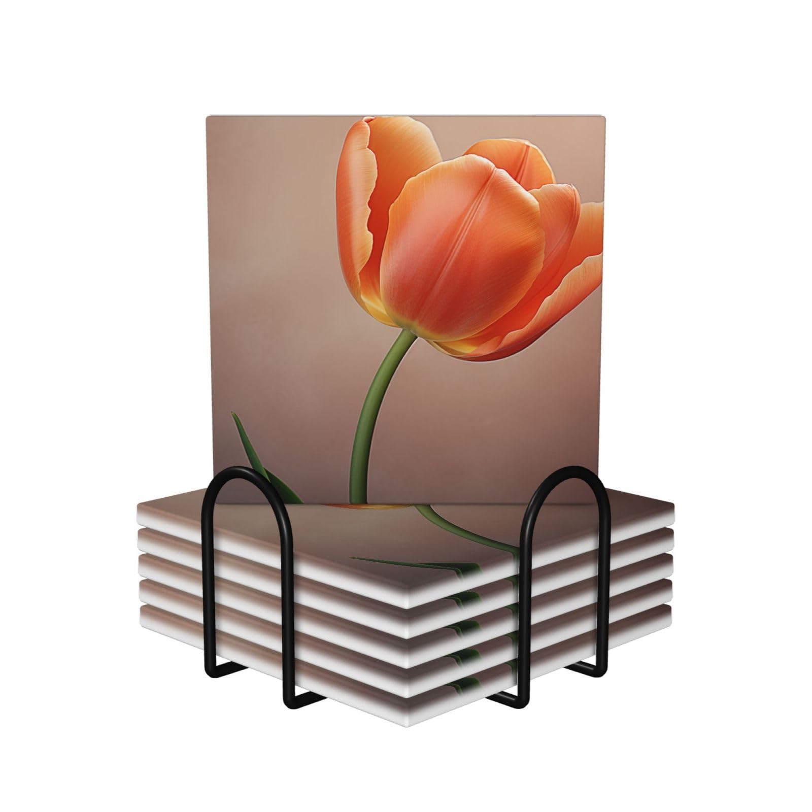 Dessous de verre en céramique tulipe orange avec support lot de 6