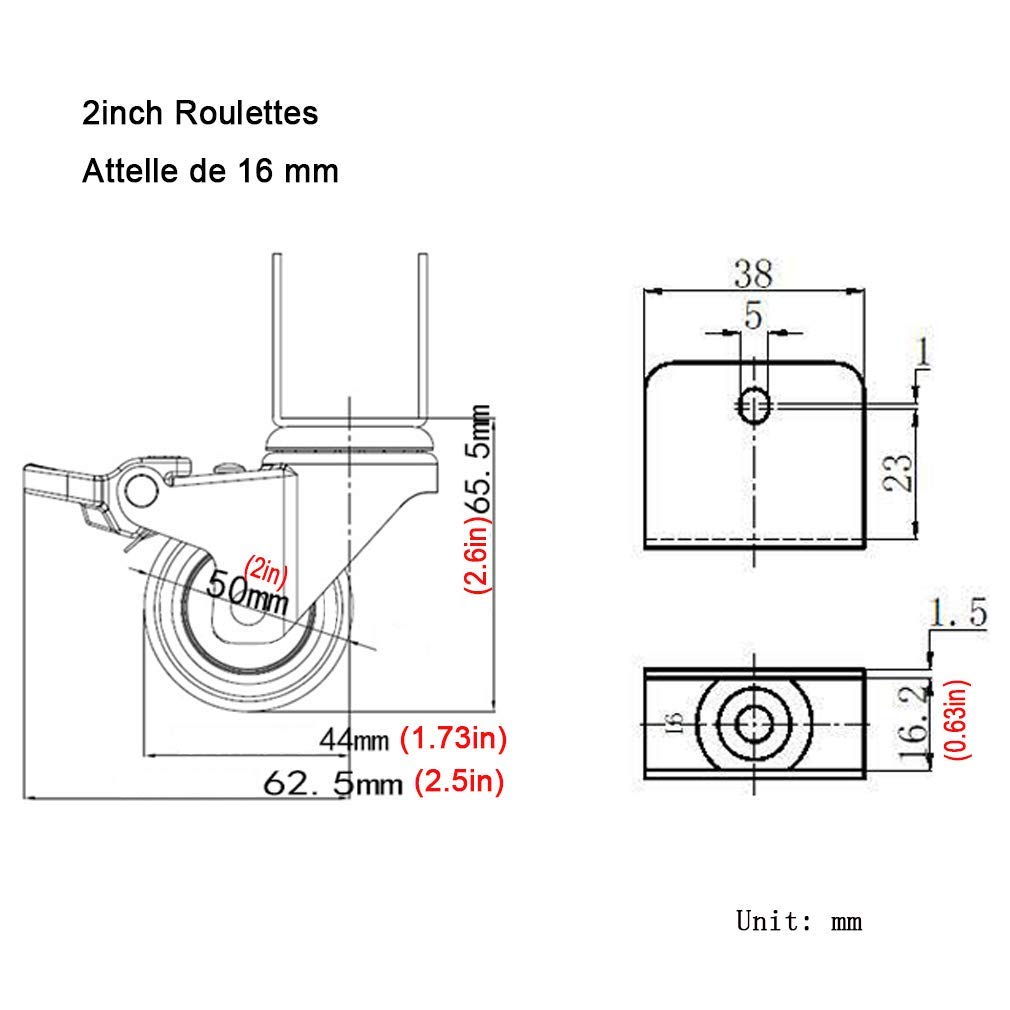 Kółka 4X kółka do mebli, wspornik typu U, kółka obrotowe, obrót o 360 stopni, koła 50mm/2 cale z hamulcem, nylonowe kółka do dużych obciążeń kółka do łóżeczka meblowego (4 hamulce 25mm/1 cal)