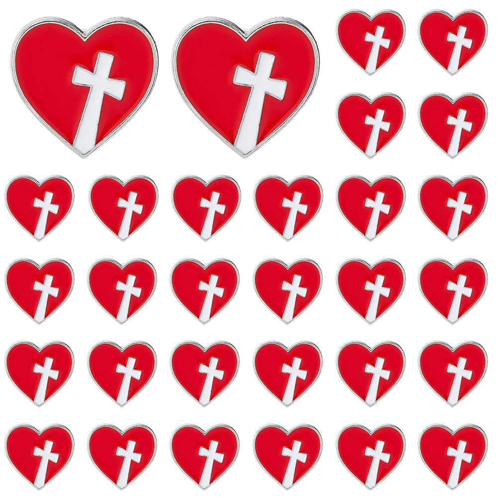 SUPERFINDINGS 30 pines de cruz de corazón rojo a granel, broche religioso cristiano esmaltado cruz, broche de solapa de metal, broche de corbata, regalo para iglesia, funeral, escuela dominical