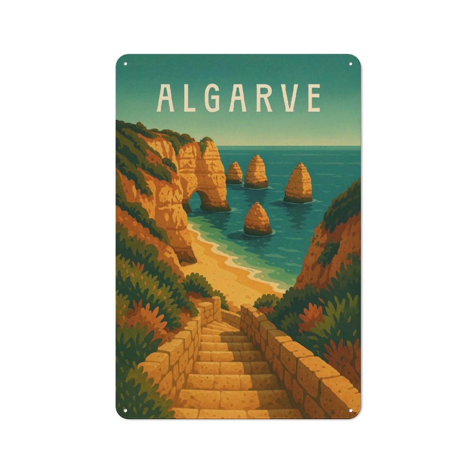 Junmoney Style-14 Modern Retro Algarve Travel Poster Portugal – Cliffs & Atlantic Beach Trails Metal Wall Art Sign 30X20cm, Studio Wall Art For Modern Home, Workshop, Office Or Cafe