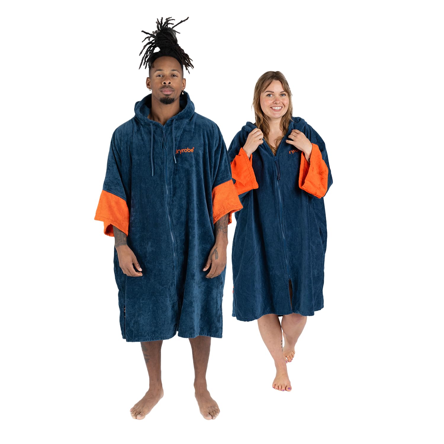 Dryrobe® Full Zip Organic Towel Swim Robe - Long Sleeve Hooded Surf Poncho Changing Robe - 100% Organic Cotton - for Swimming, Beach, Surfing - Medium - Deep Sea Blue