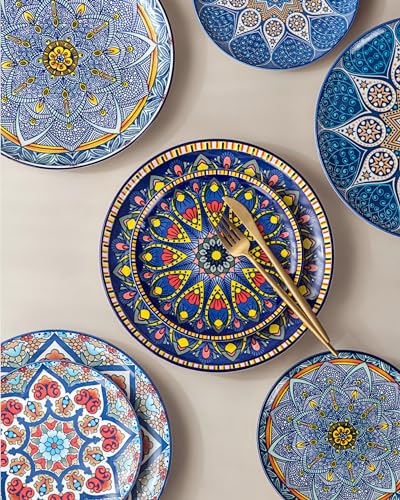 UNICASA-Ceramic-Dessert-Plates-825-Inch-Colorful-Salad-Serving-Dishes-Microwave-Dishwasher-Safe-Set-of-4-Mandala-Style UNICASA Ceramic Dessert Plates 825 Inch Colorful Salad Serving Dishes Microwave Dishwasher Safe Set of 4 Mandala Style
