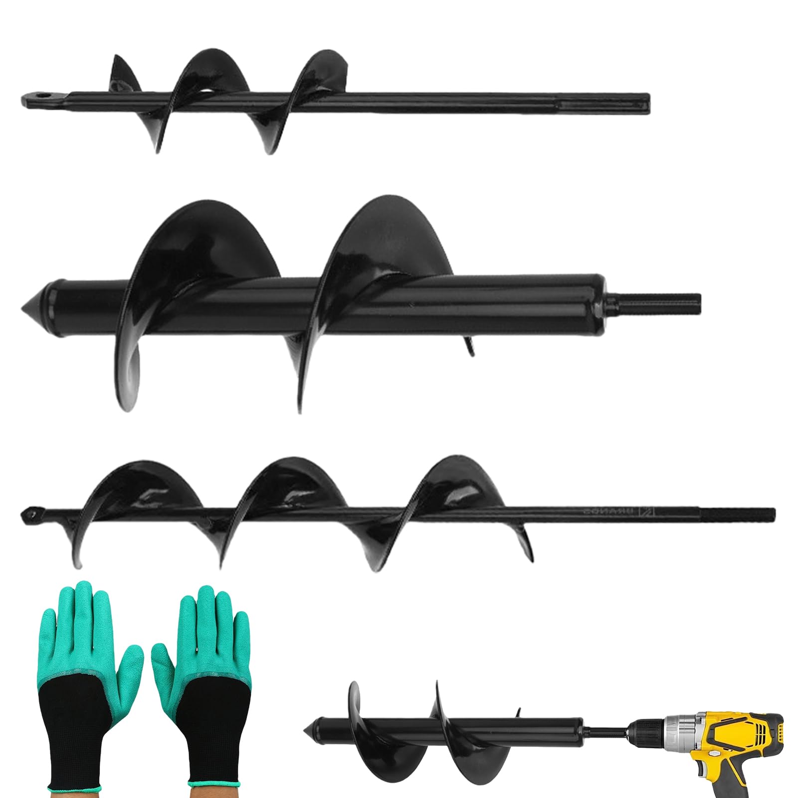 3pcs Tariere Pour Perceuse, Foret Hélicoïdal De Jardin, Tarière De Plantation D'ampoules, Avec Gants Jardinage, Pratique Pour Creuser Des Trous Et Cultiver En Profondeur, 8x30 +4x22 +4x42 Cm