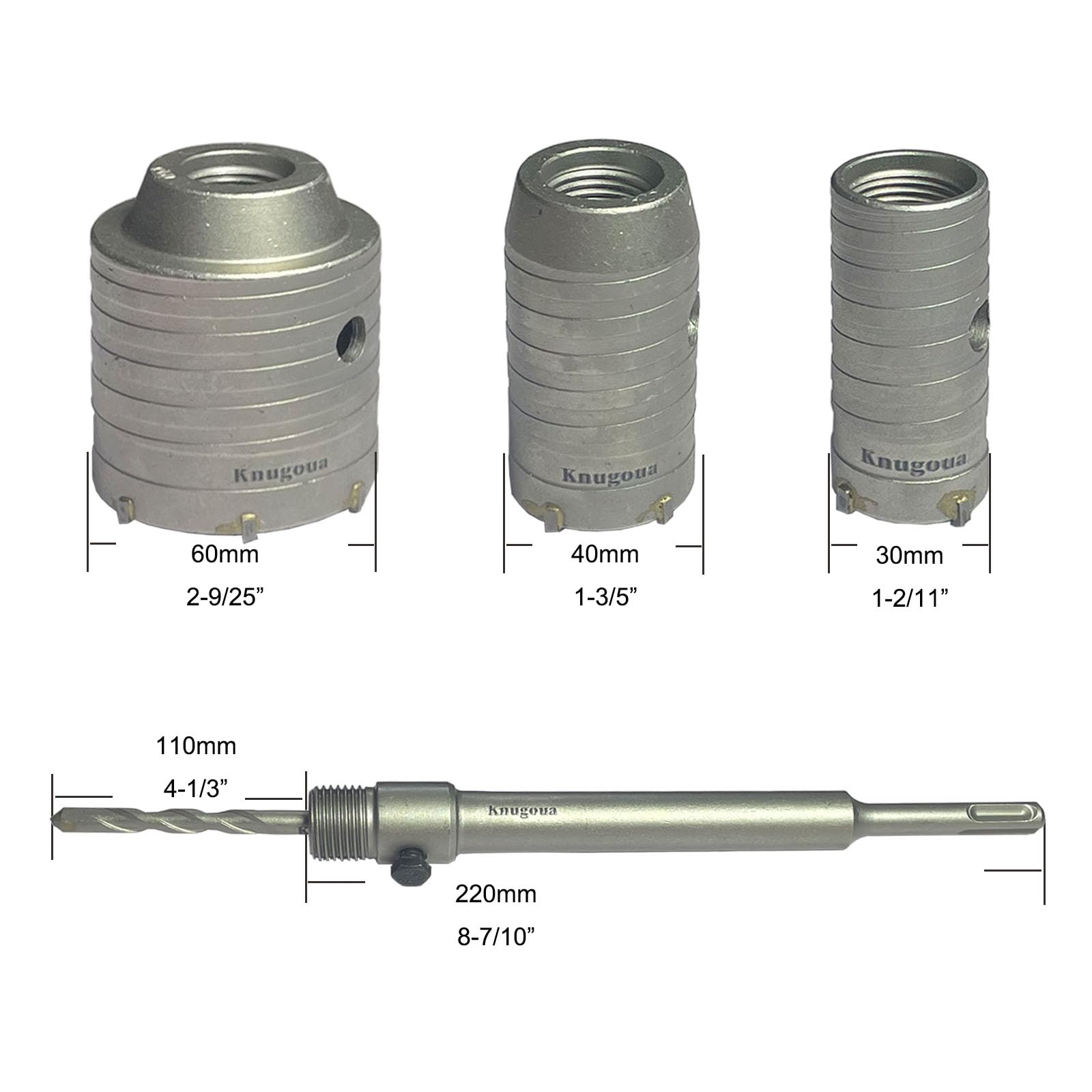 Kits de sierra perforadora para hormigón, acero de tungsteno SDS Plus, cortador de agujeros de pared, juegos de brocas de piedra de cemento 1-2/11, 1-3/5, 2-4/5 pulgadas (30, 40, 60 mm), con varilla