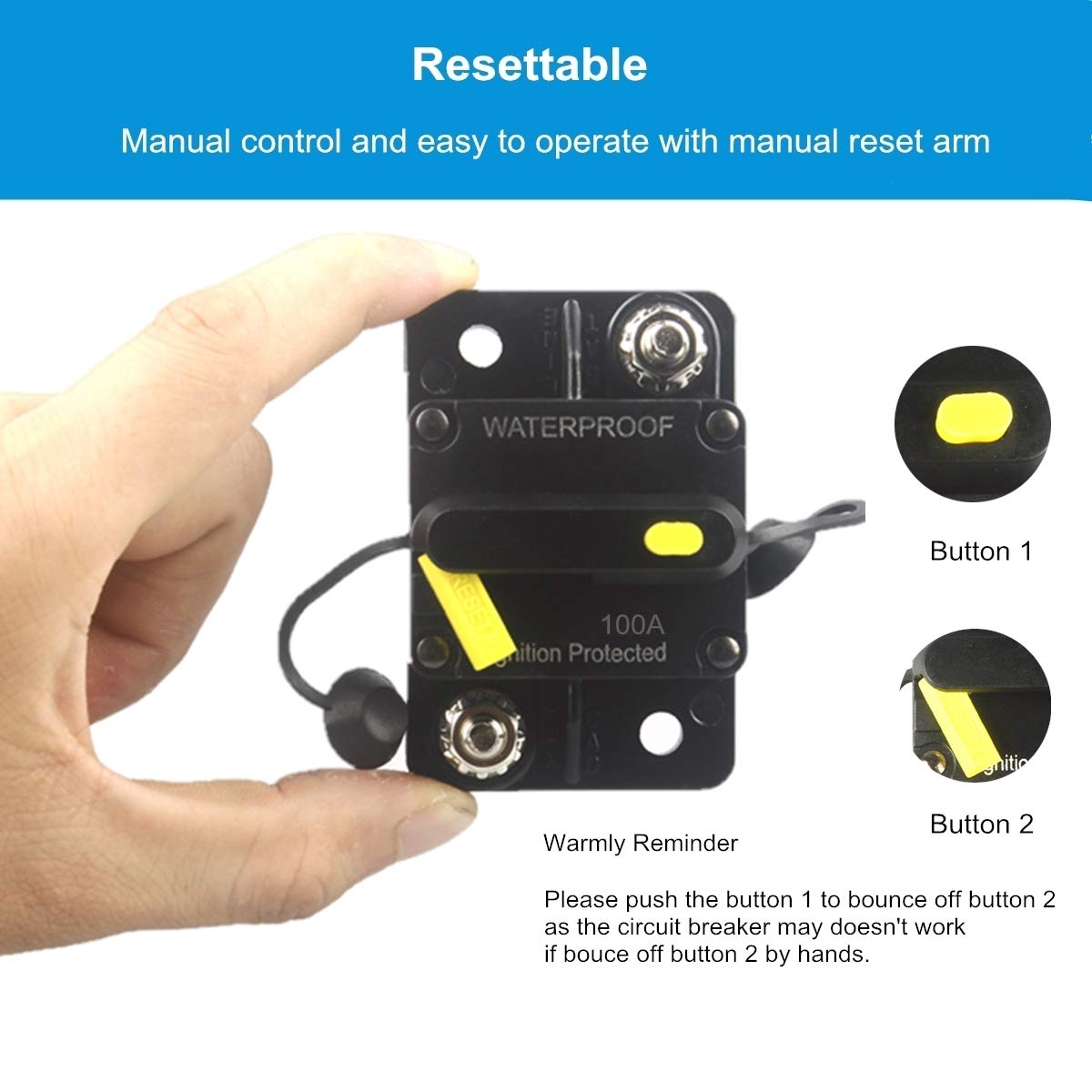PowMr Disjoncteur Audio En Ligne 100 A 12 V, Porte-fusible De Réinitialisation PowMr 100 A Avec Réinitialisation Manuelle Pour Voiture, Camping-car, Maison, Bateau, Camion, Avec Bornes à Anneau