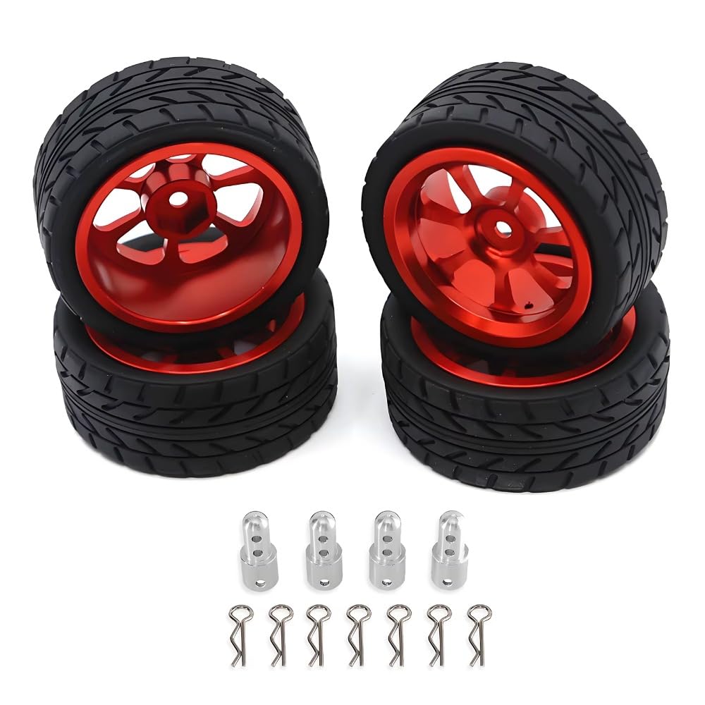 RWLZLB 4 Packs 12mm Hex Hub Metal 65mm Wheel Rims & Rubber Tires Heightening Pillars R Clips Pins Set for MJX Hyper Go 14303 14302 14301 RC Car, 1/14 Rally CNC High Strength Metal Wheels Set (Red)