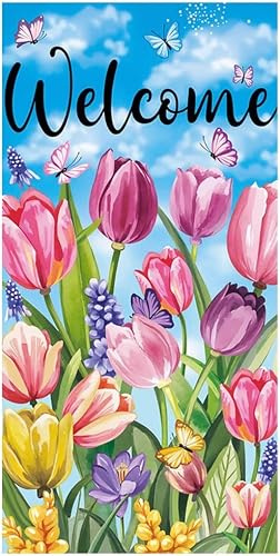 Spring Floral Welcome Door Banner, Tulip Garden Party Decoration