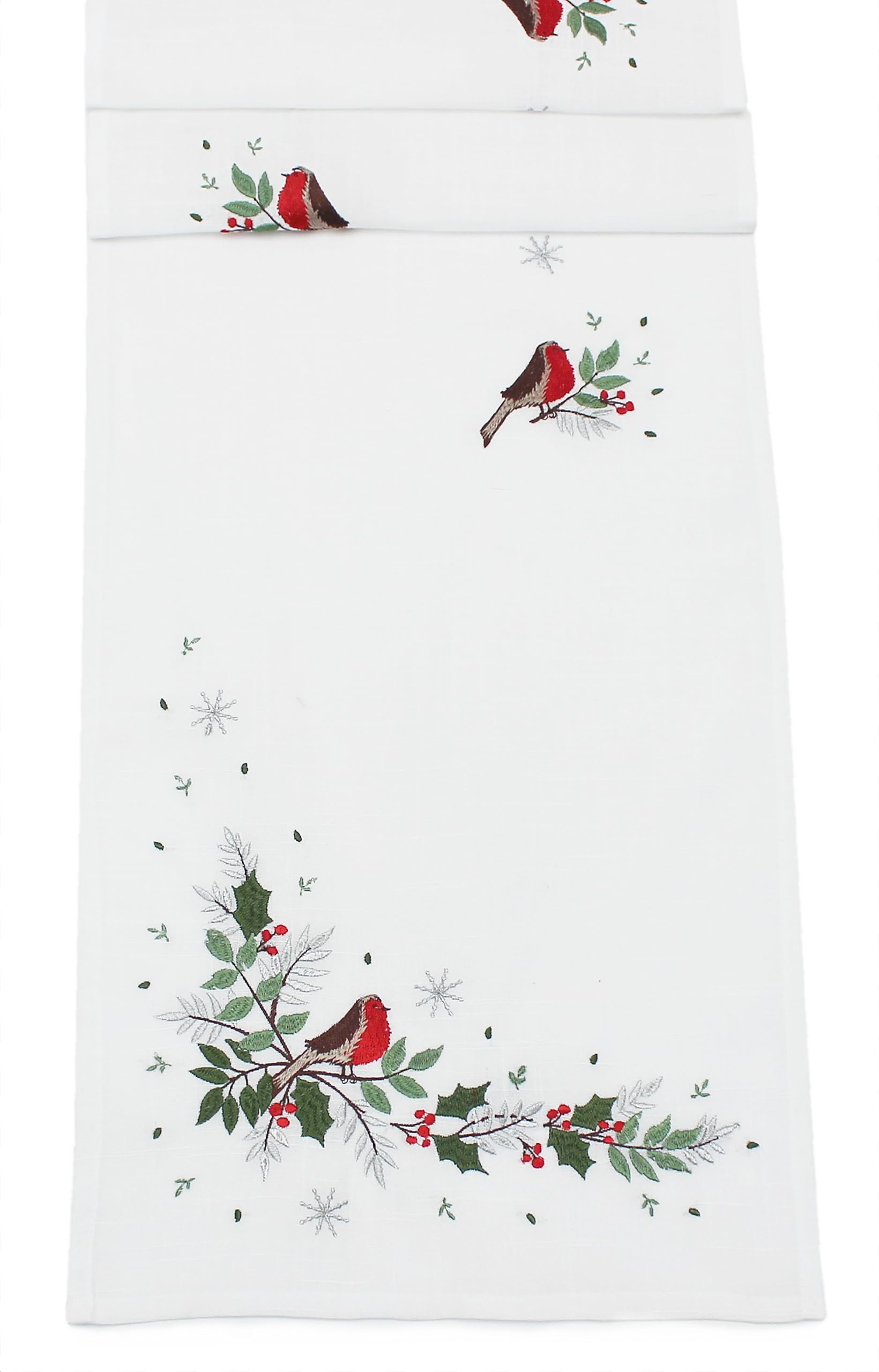 Robin Roost Christmas Embroidered Table Runner - 14" x 75" (White)