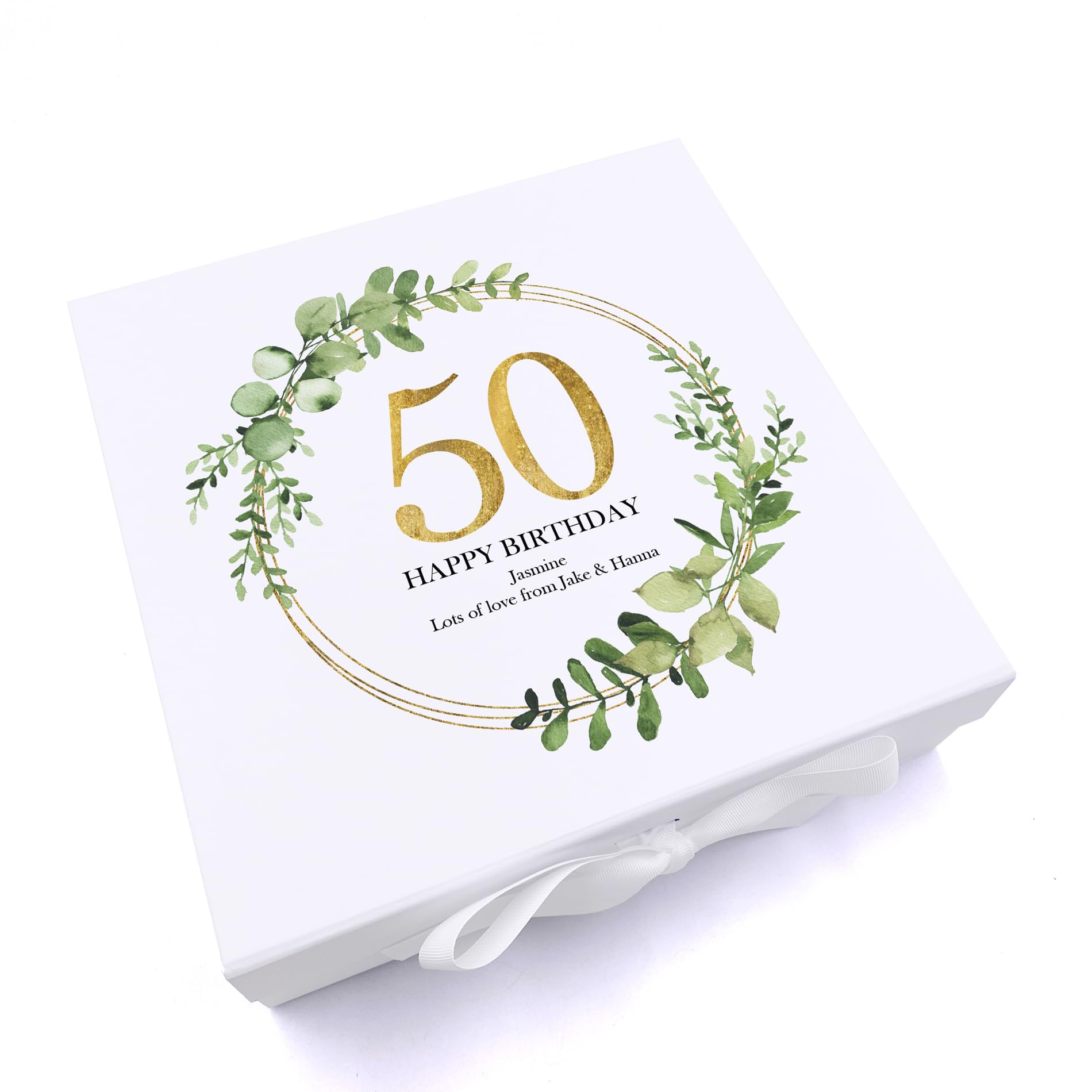ukgiftstoreonline Personalised 50th Birthday Gift for her Keepsake Memory Box Gold Wreath Design (Medium)