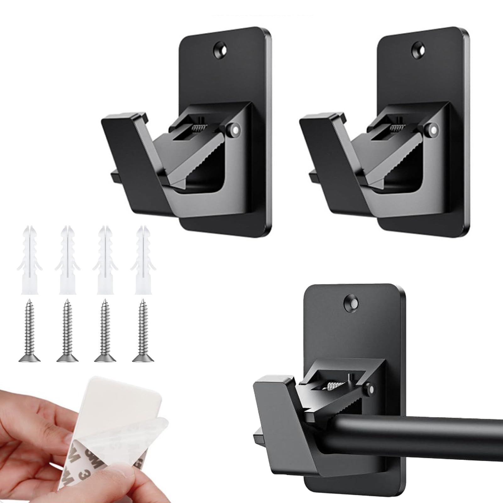 2 Pezzi Supporto per Bastone per Tenda,Ganci Adesivi per Tende con Viti,Staffe per Tende per Soggiorno,Bagno,Camera da Letto(Nero)