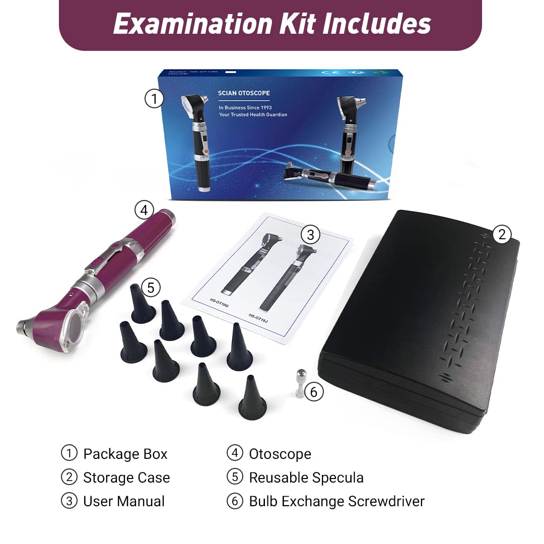 Scian Otoscopio Medico Profesional - Otoscopio Con Lámpara, 3 Magnificaciones, 4 Herramientas De Diagnóstico Para El Cuidado Del Oído Del Tamaño De La Lente, Caja De Plástico Duro (Púrpura)