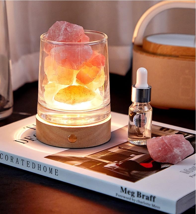 Lampa do soli himalajskiej 2 w 1 i ultradźwiękowy dyfuzor olejków eterycznych, lampa do aromaterapii bez ognia, z 2 olejkami eterycznymi, aromaterapia, 3 kolory, ładowany przez USB, ze szklaną osłoną