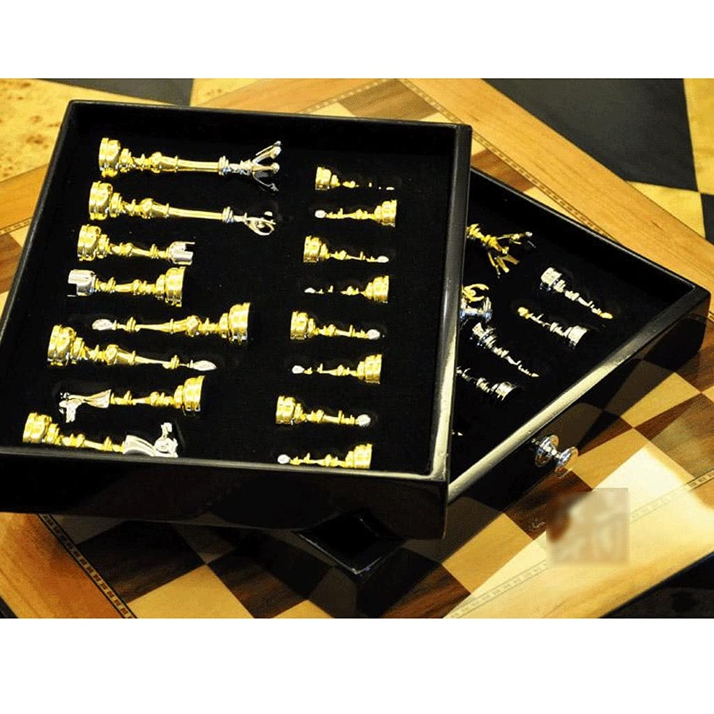 Set di Scacchi Set di Scacchi Fatti a Mano Portatile Scacchiera in Legno Scacchiera con 2 cassetti e Pezzi degli Scacchi in Argento Dorato Set di Scacchi in Metallo per Set di Scacchi per Adulti