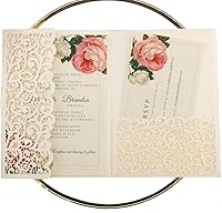LUCKYSTAR 25pcs Ivory Vintage Tri-Fold Wedding Invitations Laser Cut Pocket Pearl Paper - Elegant Hollow Carving Cards, No Envelopes