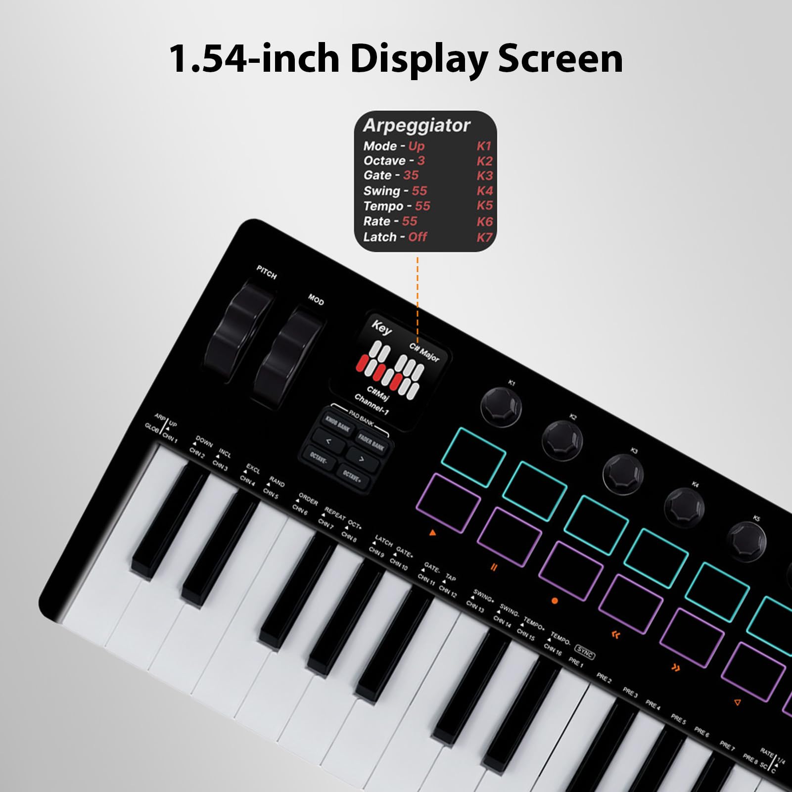 Asixxsix Controlador de teclado MIDI de 37 teclas, 16 pads de batería retroiluminados RGB, teclado dinámico profesional Bluetooth, 8 perillas y producción musical para producción