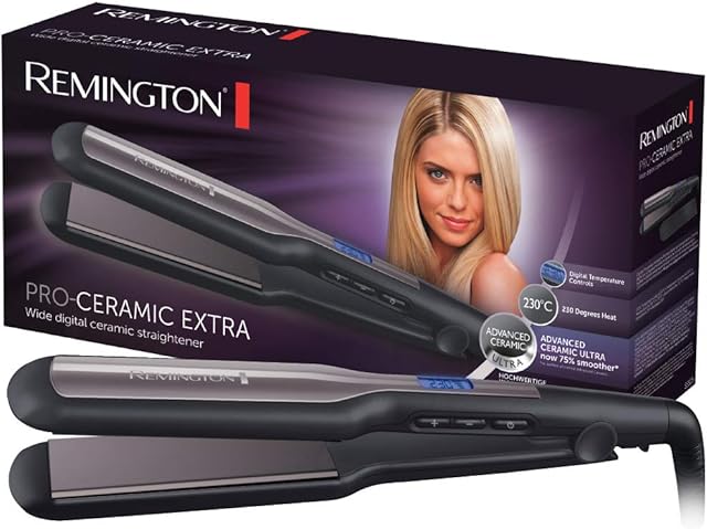 Remington prostownica do włosów, powłoka ceramiczna, szerokie płytki, zakres temp. 150-230°C, funkcja Turbo, szybkie nagrzewanie, ruchome płytki, etui w zestawie, czarna, Pro Ceramic Extra S5525