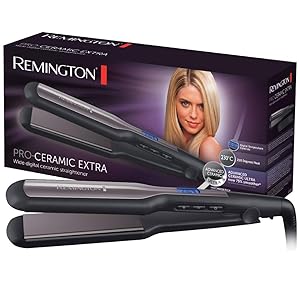 Remington Plancha de Pelo Pro Ceramic Extra, Cerámica Avanzada Ultra, Placas Flotantes Anchas, Temperatura hasta 230°C, Función Turbo y Bloqueo Temperatura, Digital, Calentamiento 15s, S5525