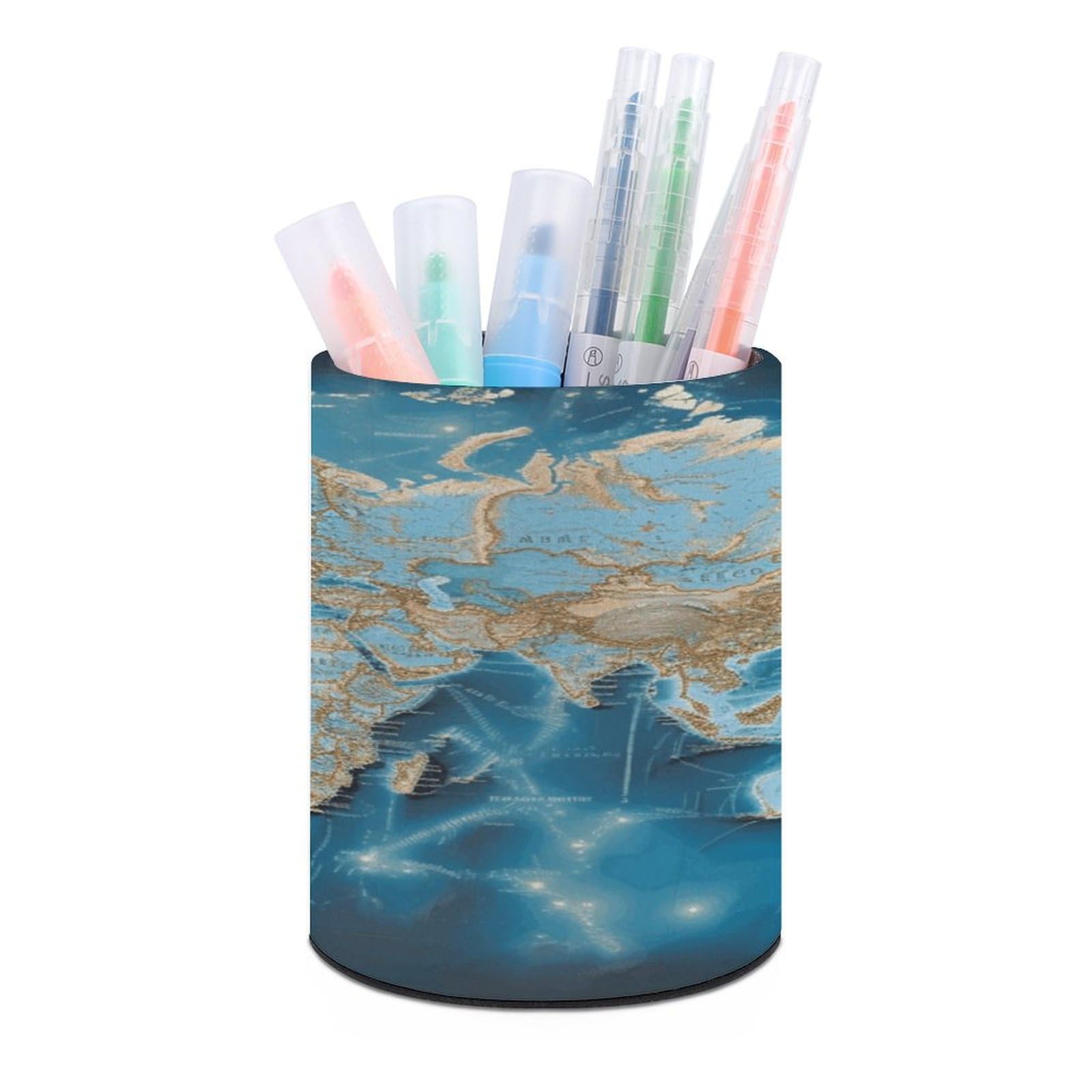 FekiLoot Round World Map Pen Holder for Desk PU Leather Waterproof Pencil Cup Stand Minimalist Makeup Brush Storage Organizer Desktop Stationery Container Accessorires