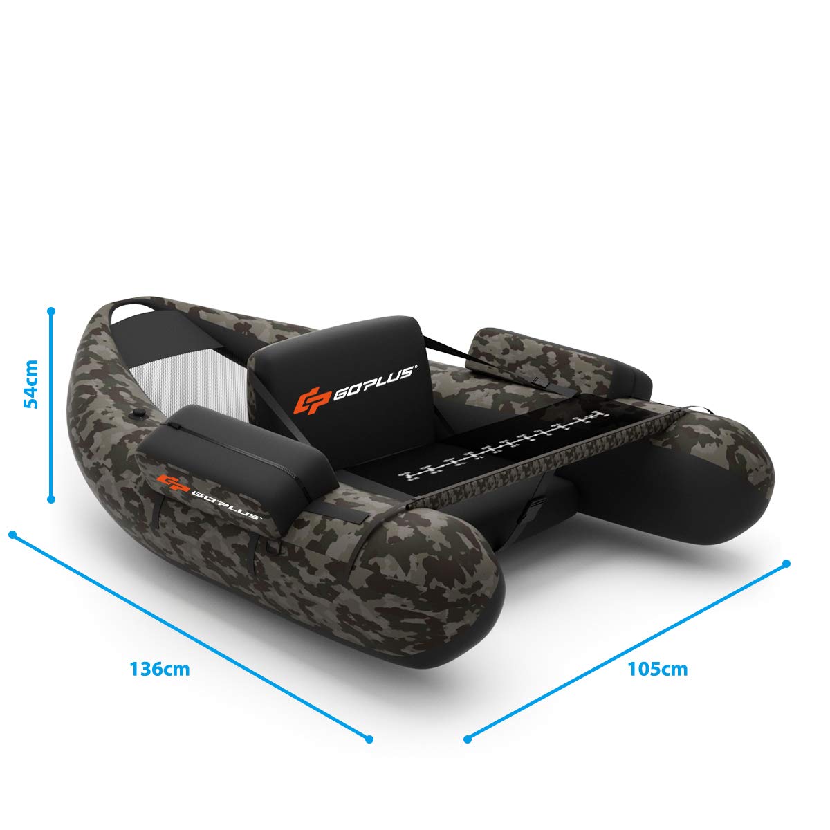 GOPLUS Barco de Pesca Inflable. Barco Neumático Flotante con Respaldo Ajustable para Pesca Camuflaje, Botes y Carga Máxima 160 kg, 136x105x54 cm