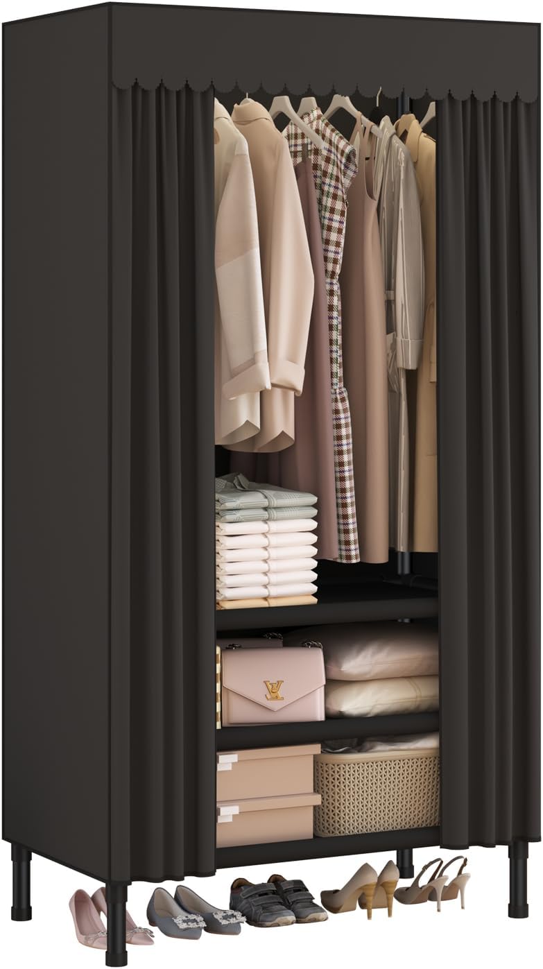 Portable Closet,Garment Rack,Heavy Duty Clothes Rack with Cover,Wardrobe Closet with 3 Hanging Rods, 6 Storage Shelves and 4 Drawers,55.1" L x 17.7" W x 67.7" H,Black