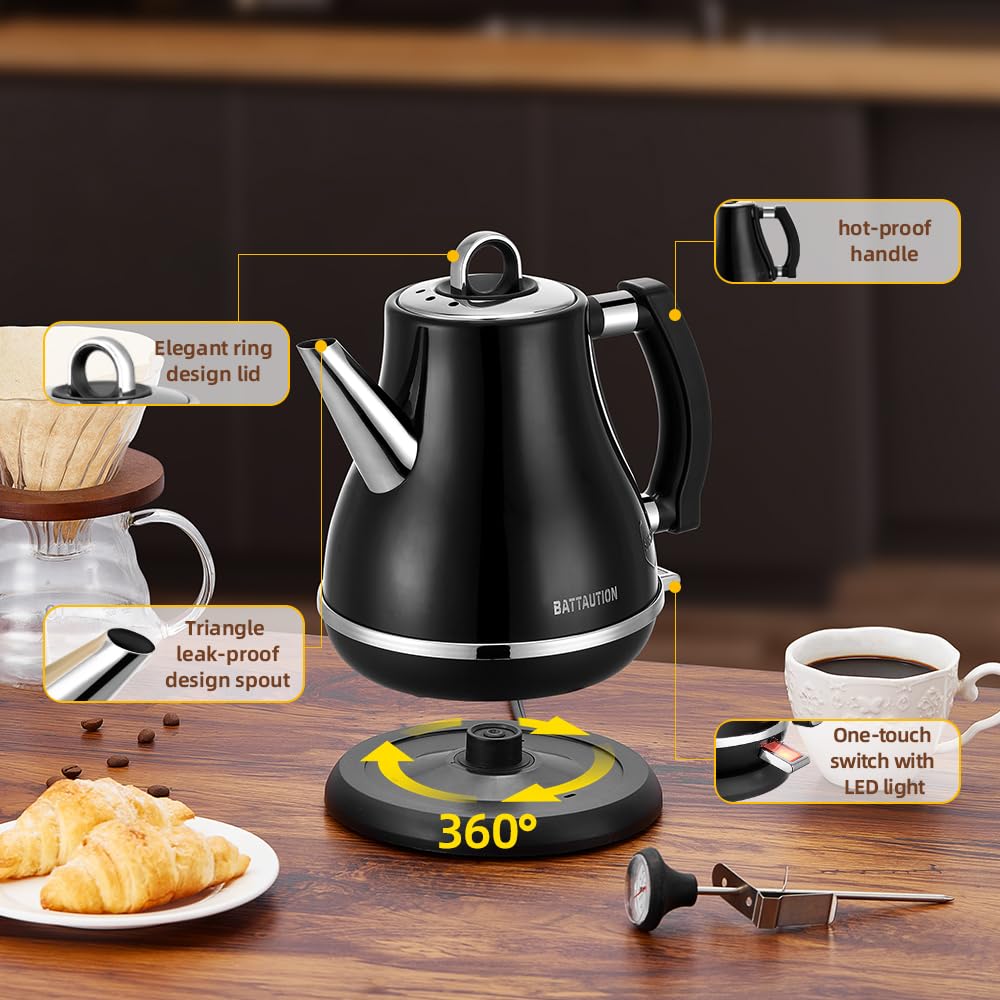 Electric Kettle, 1.2 Liter 1000W Black Small Vintage Electric Kettle with 100% 304 Stainless Steel Auto-shut off and Boil Dry Protection and fast-heating Electric Tea Coffee Kettle Black Color