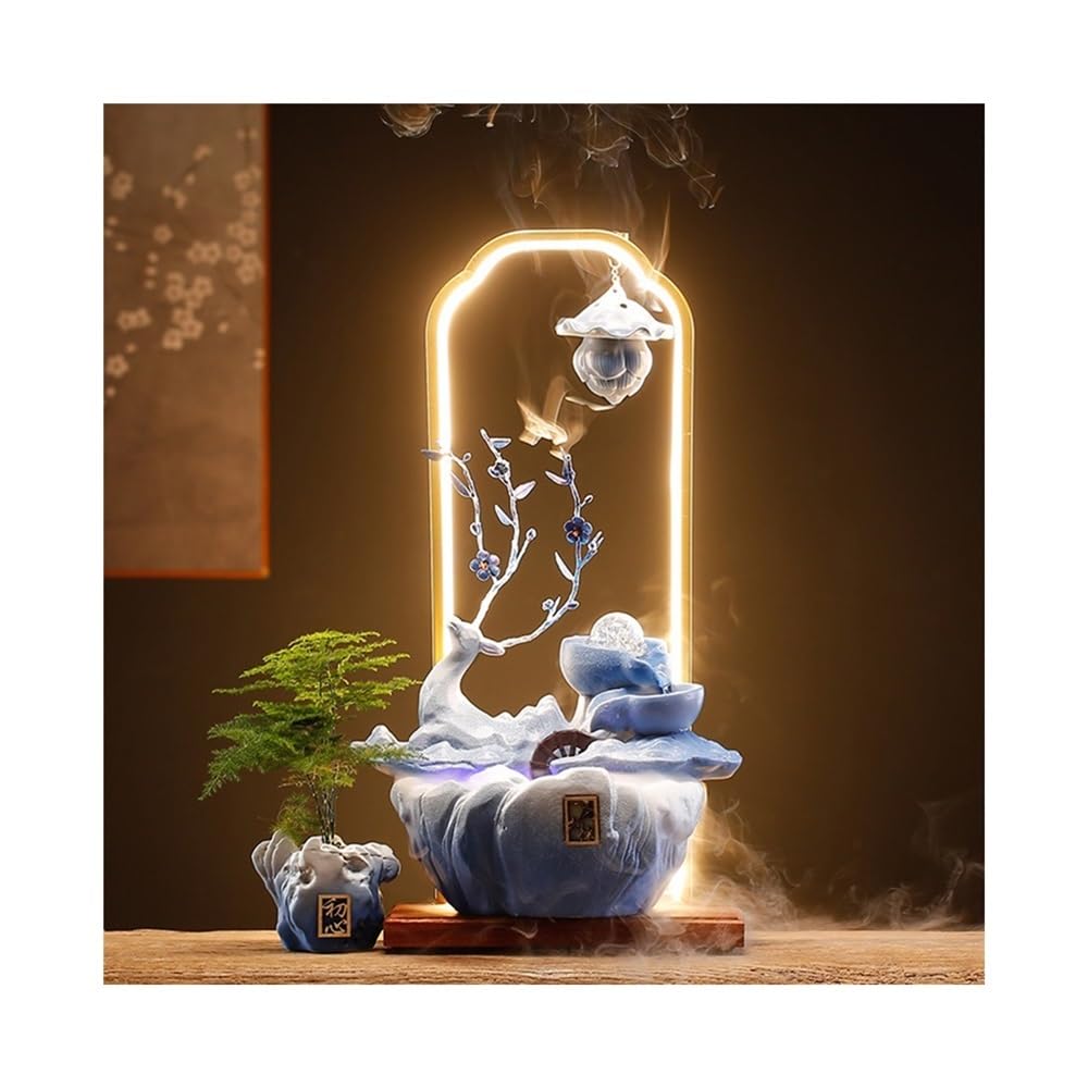 ZTHYSHOZ Tabletop Fountain Waterfall Deer Desktop Running Water Ornament Small Fountain Circulating Home Decoration Zen Meditation(Blue)