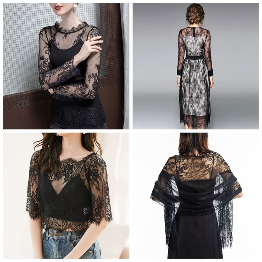 Tessuto Di Pizzo Nero Vintage Con Fiori Ricamati – Tulle Traslucido In Nylon – Rotolo 150x300 Cm Per Cucito, Abbigliamento, Tende, Tovaglie, Fai Da Te