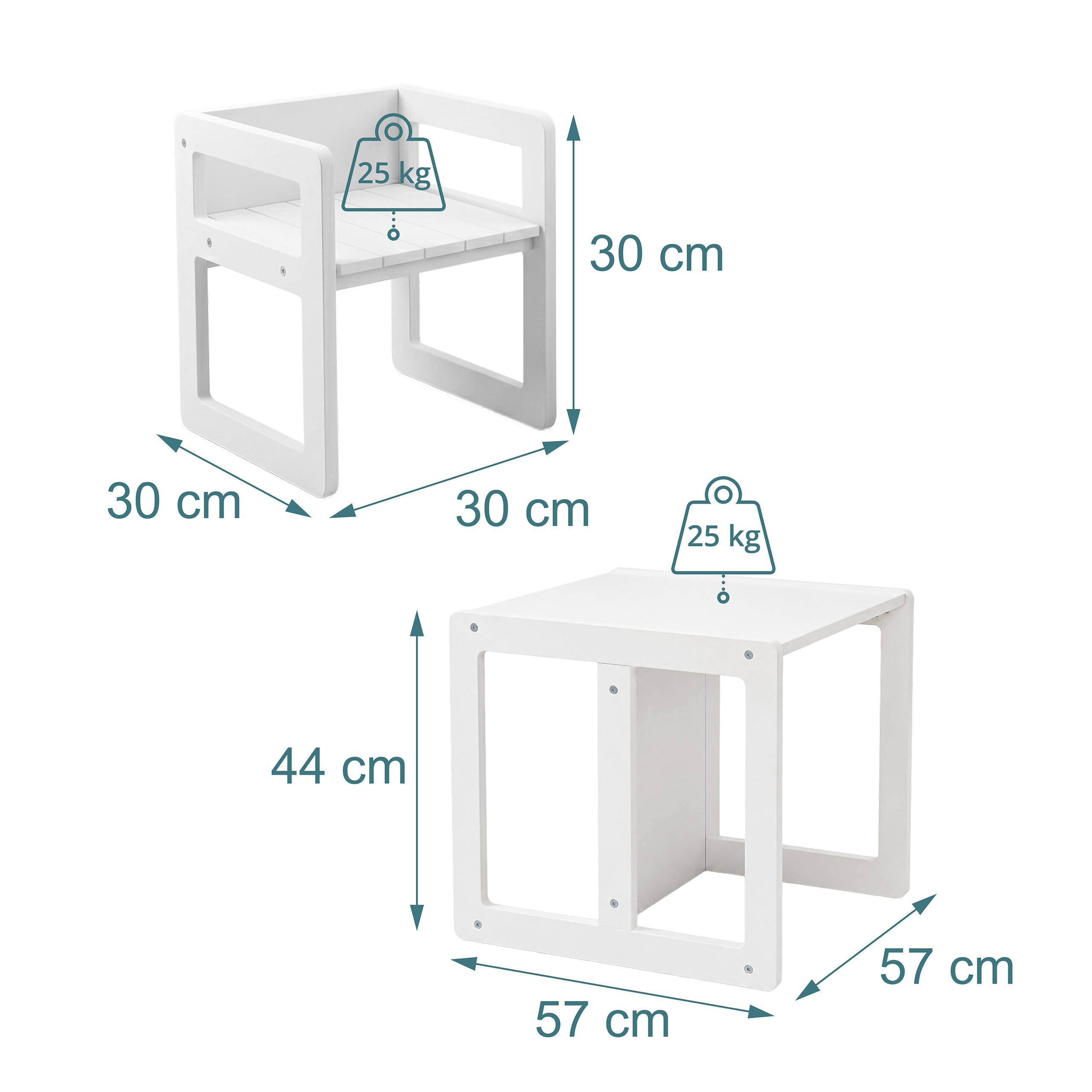 Relaxdays Conjunto Infantil 3 Piezas, 2 sillas, Mesa Convertible en Banco, 2 Alturas, Estilo Montessori, Color Blanco