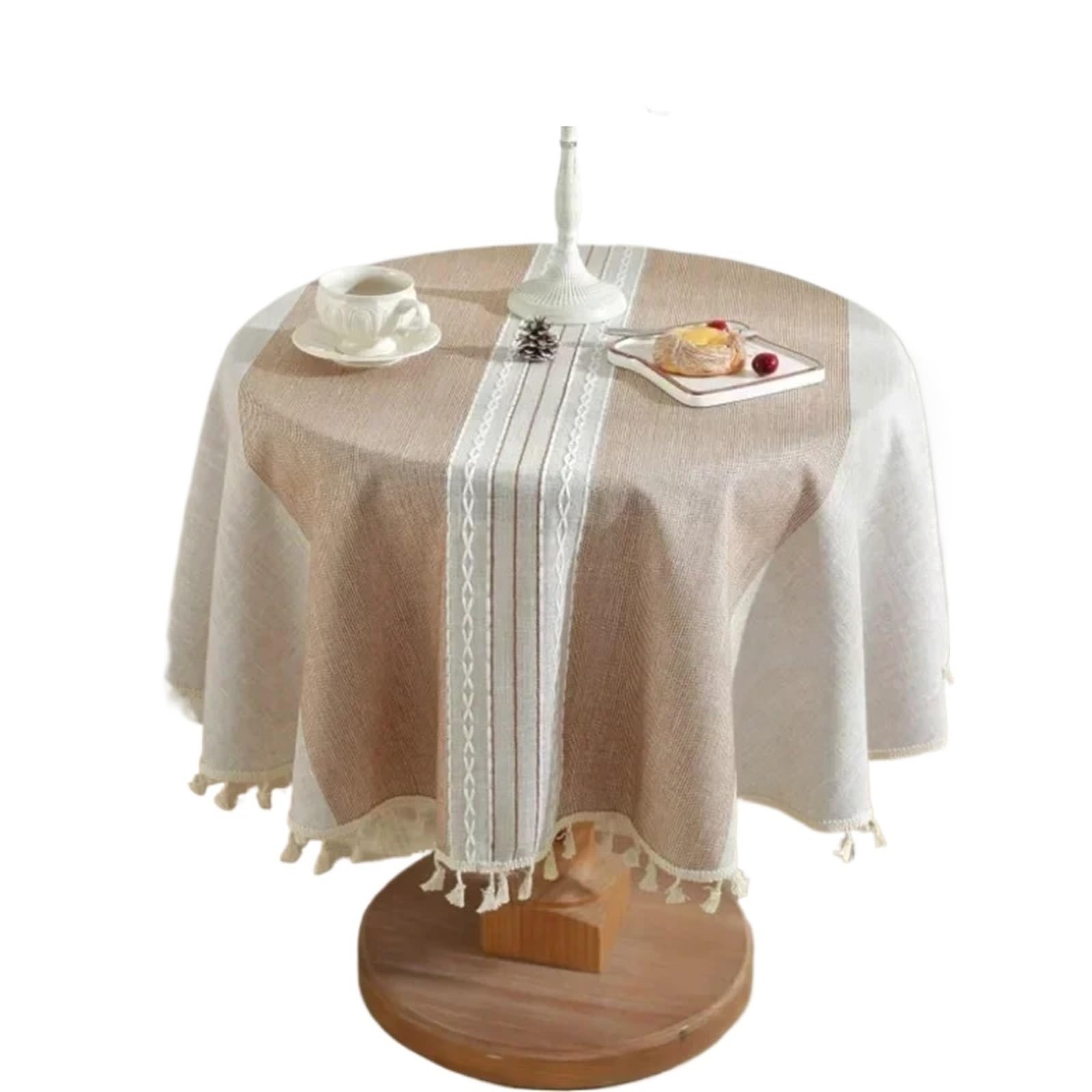 ZNTIHZ Fringe Edge Round Tablecloth Concise Dining Desk Anti Slip Fabric Desktop Decor Shoot Background Cloth For Wedding Party Banquet(Coffee,Diameter 120cm)