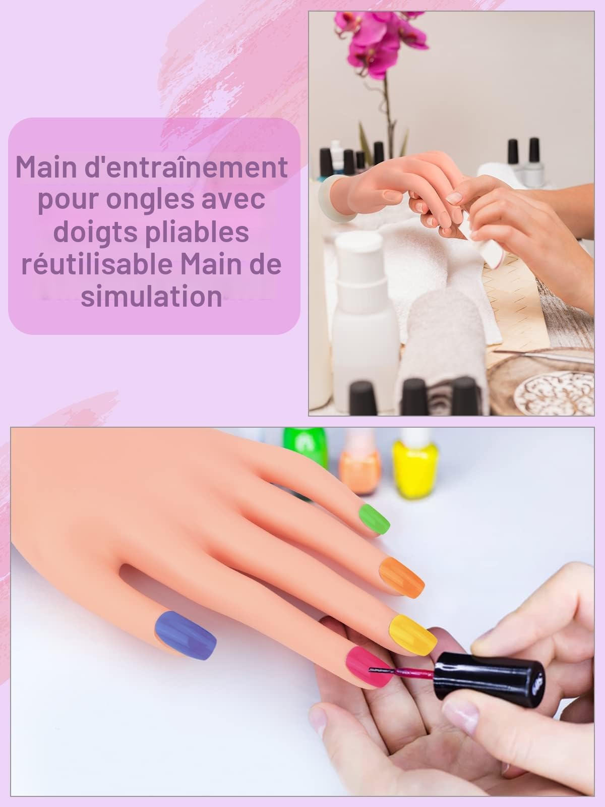 Deciniee Main D'Entrainement Manucure Silicone: Flexible Fausse Main pour Ongle - 200 Pièces Faux Ongles Main d Entrainement pour Ongle - Amovible Main Entrainement Ongles pour Manucure