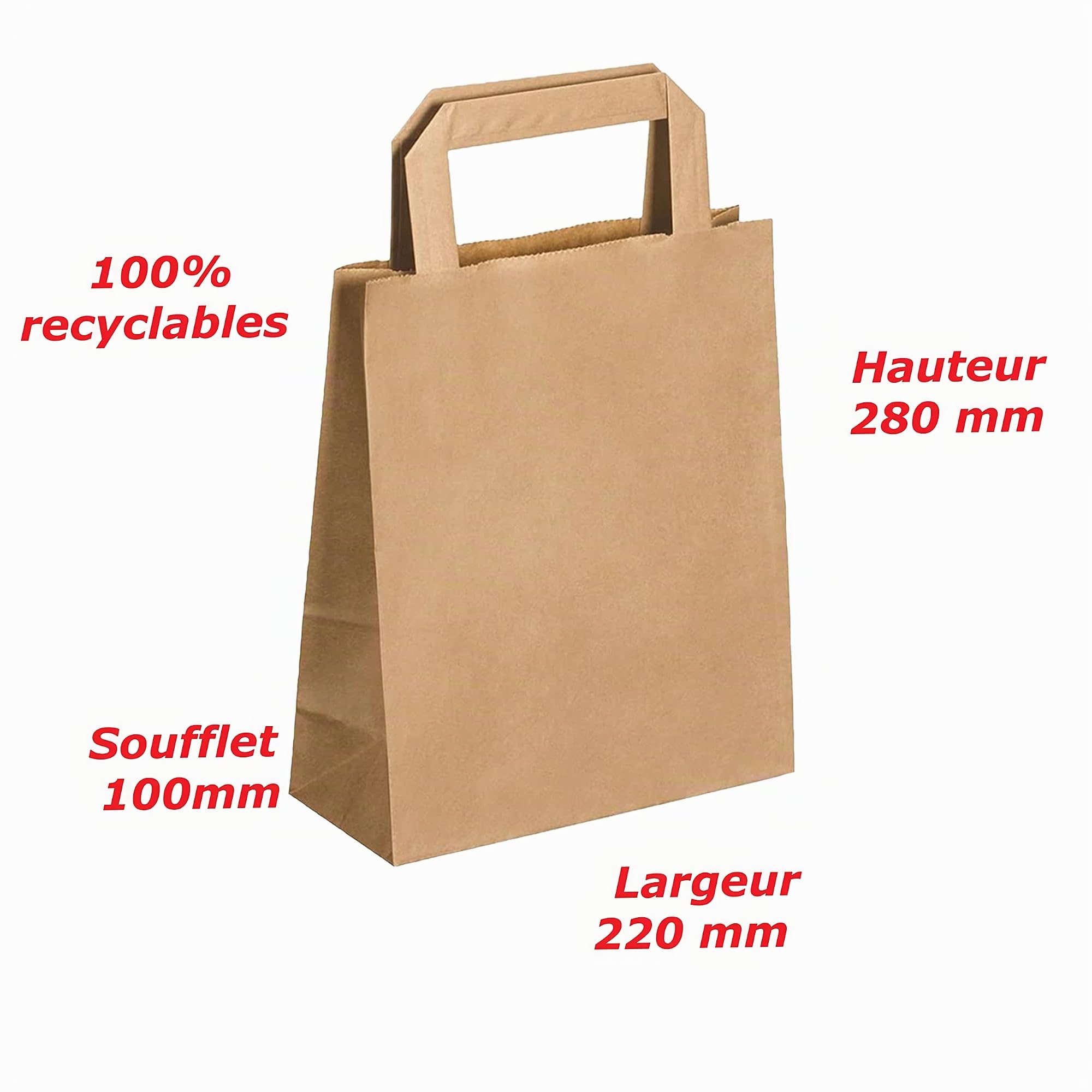 JeCo - Lot de 100 Sacs Cabas en Papier Kraft Brun avec poignée Plate 220 x 100 x 280mm 6 litres résistant Papier 80g/m² Sac Marron Havane Vente à emporter Emballage Commerce Sac Cadeau