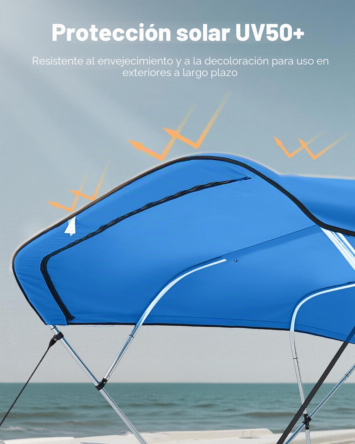 VEVOR Toldo Bimini Plegable para Barco de 4 Arcos, Poliéster 600D, Impermeable y con Protección Solar, con Bolsa de Almacenamiento, Resistente al Viento y Desgarro, 244 x 230 cm, Azul Pacífico