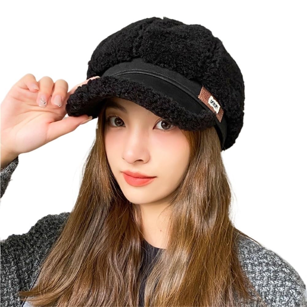 Chapeau octogonal chaud en peluche sherpa noire pour femme, béret isolant