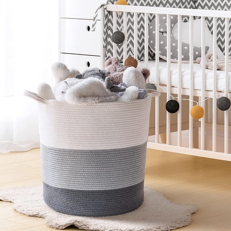 Image of Large Basket Natural Cotton Rope Storage Basket and Hamper for Cloths and Multi Usage in Living Room, Bedroom, Laundry Room (Size - 14 inch x 14 inch x 16 inch) (White Grey Black)