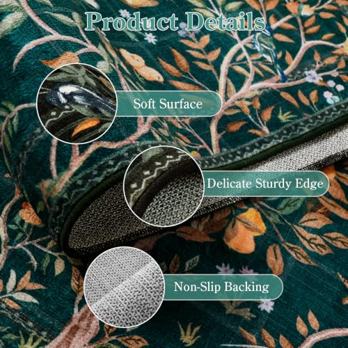 Image of Morebes Boho Floral Rug Runners for Hallways Non Slip, Flower 2.5x8 Kitchen Runner Rug Washable, Soft Botanical Indoor Carpet Floor Runner for Entrance Bedroom Bedside, Dark Green