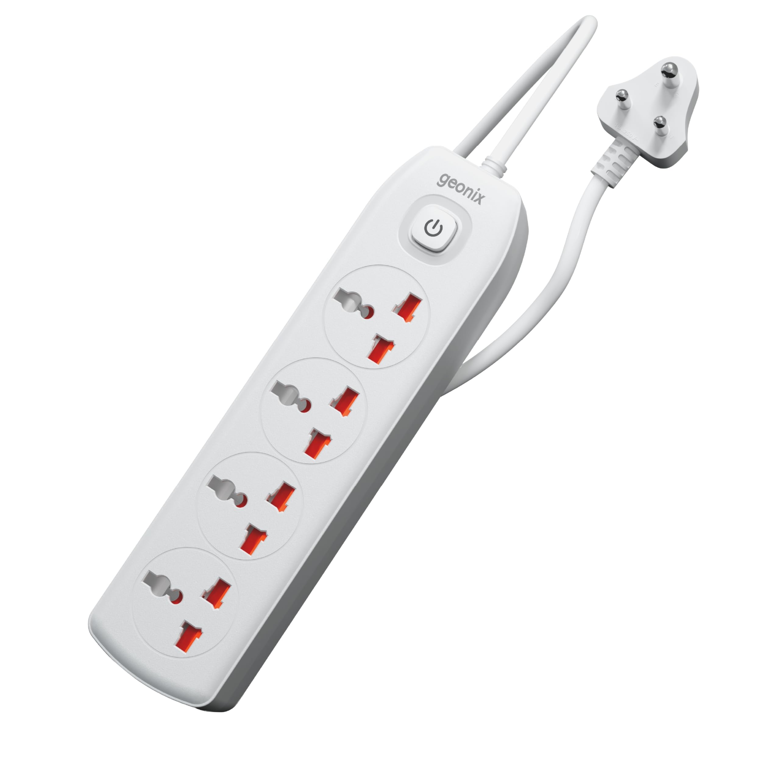 geonix powerspan s4 pro | extension board with 4 universal sockets with on off button, 3mtr long copper cable, 2500 watts, 10 amp multi plug for office & home appliances (white)