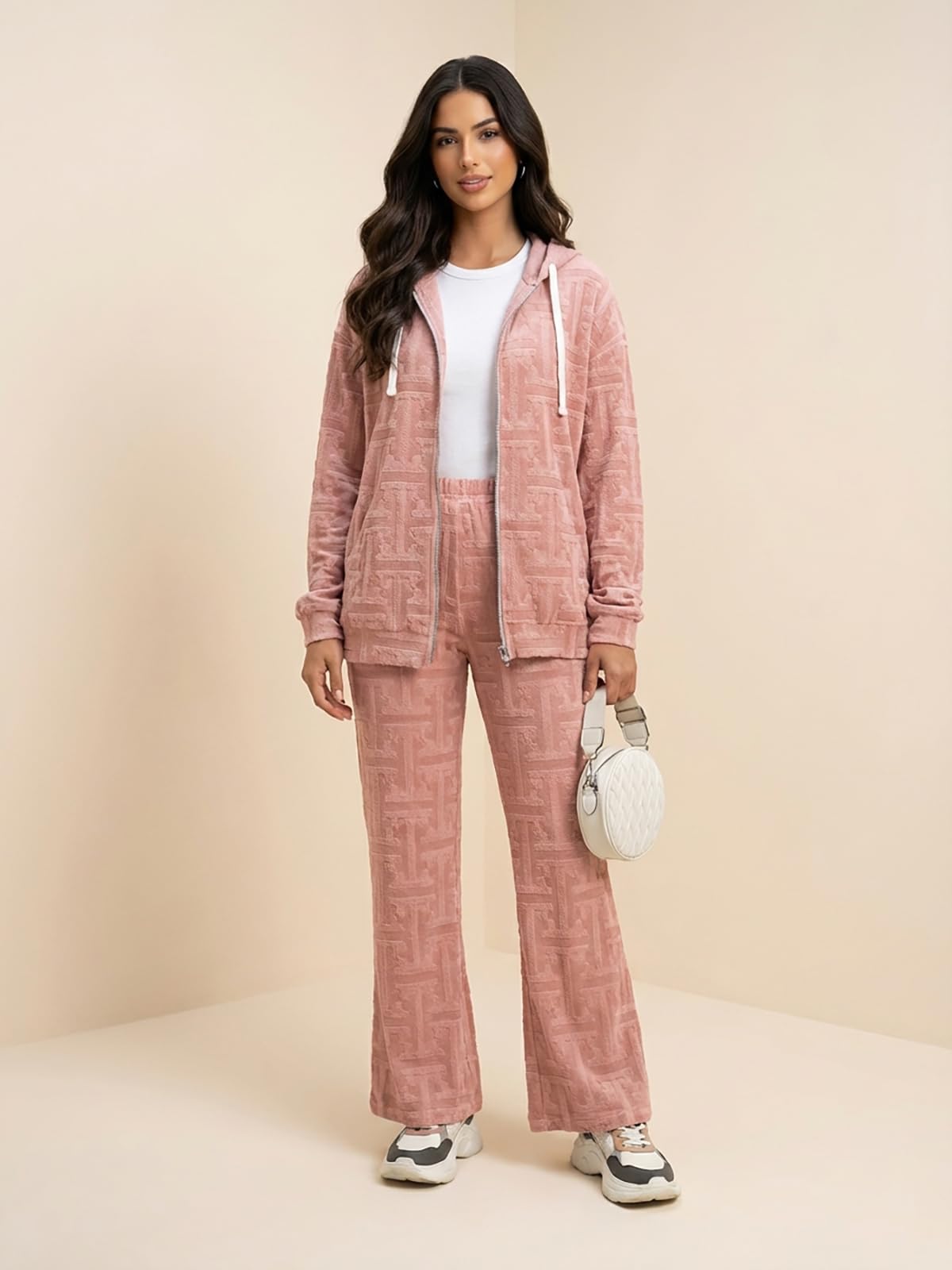 Leriya Fashion Co-ord Elegancki damski zestaw | Ciepła bluza z kapturem i spodnie | Damska odzież zimowa | Codzienna odzież podróżna i odzież domowa
