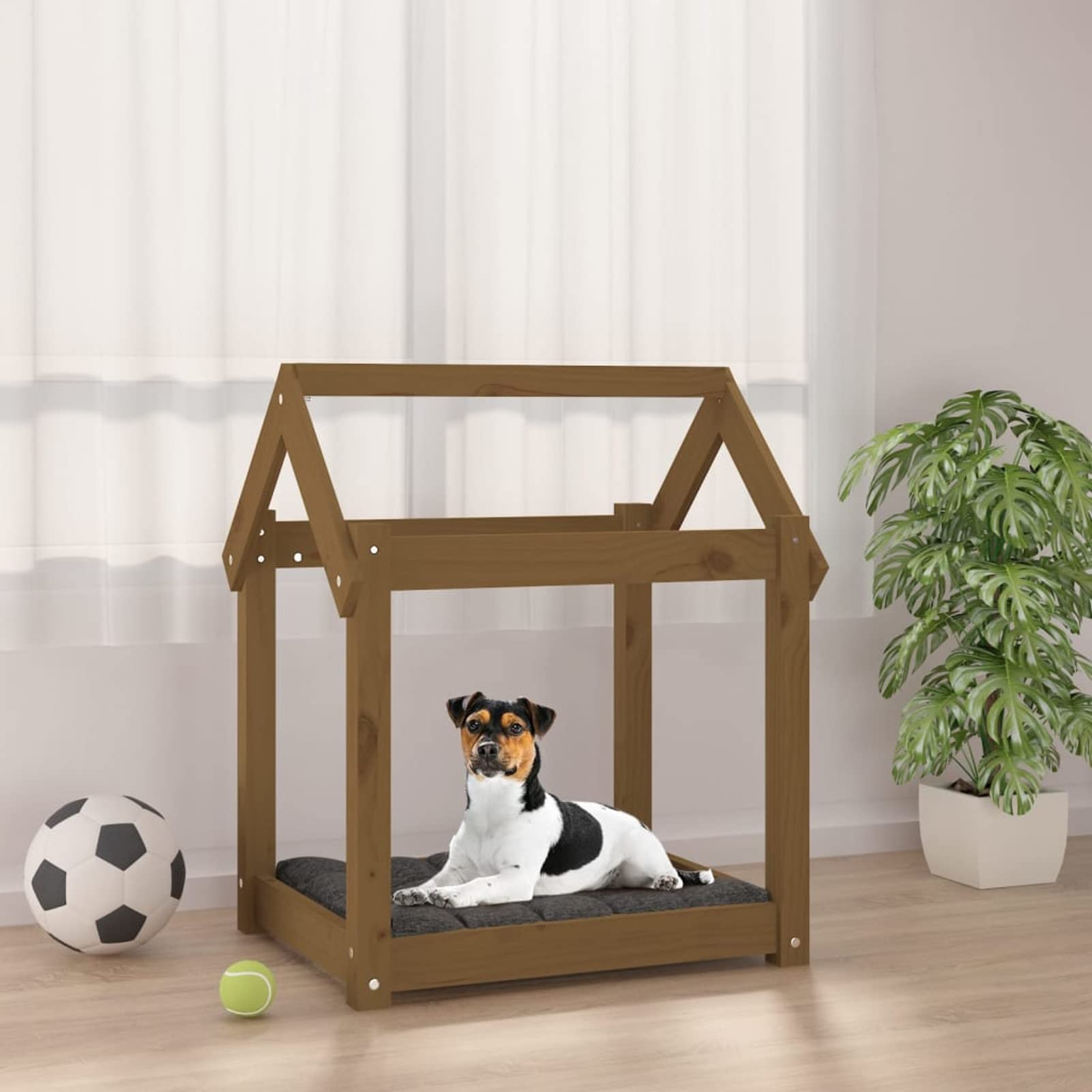 Cama para Perros Madera Maciza Pino marrón Miel 61x50x70 cm, Colchon Perro, Cuna Perro, Cama Mascota, Dog Bed, Cama para Perros Y Gatos