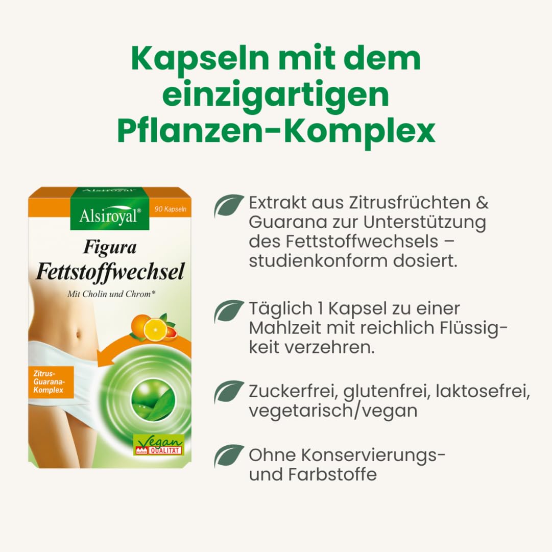 Alsiroyal Figura Fettstoffwechsel (90 Kapseln) – Gewichtsreduktion mit Zitrusfruchtextrakt, Cholin & Chrom – Unterstützt den Fett- & Makronährstoff-Stoffwechsel* – mit Guarana