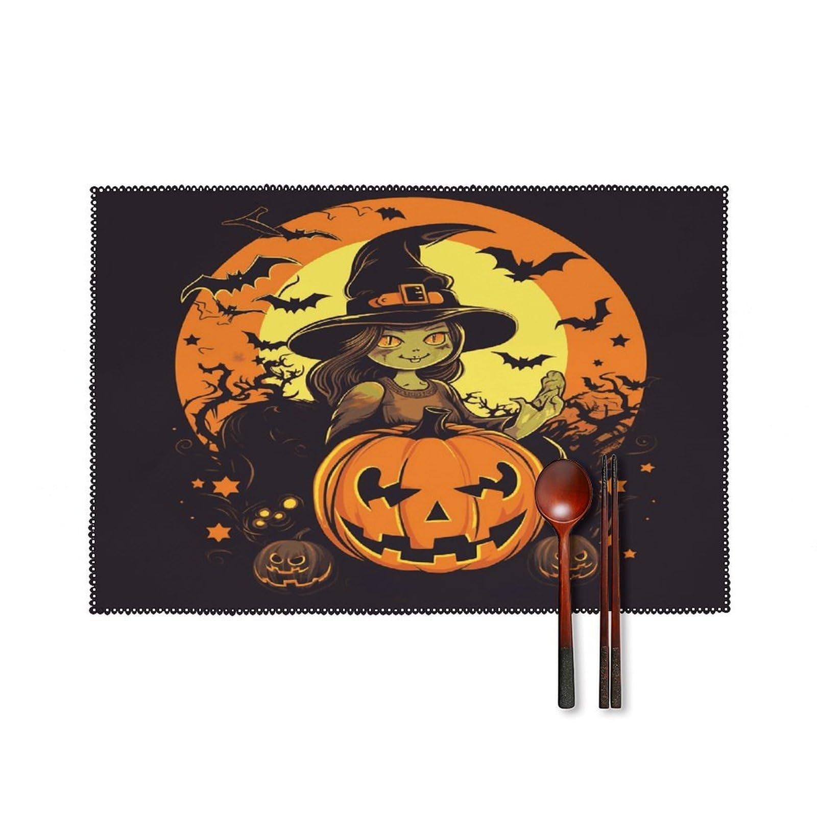 Btcowzrv Style Halloween Pumpkin Witch Canvas Placemats Set Of 6, Wipeable Washable Place Mats For Indoor & Outdoor, Table Mat Decor For Kitchen Dining Party